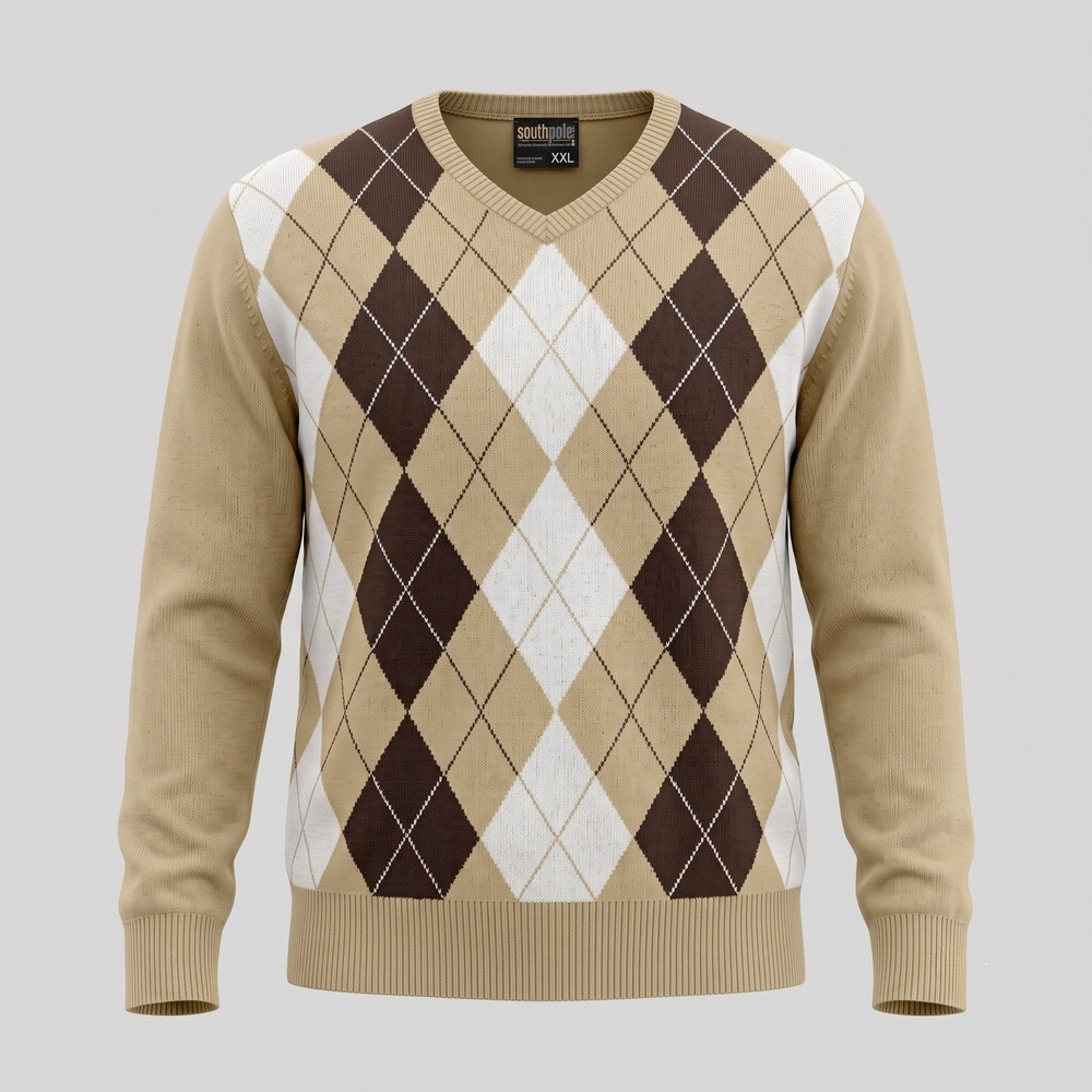 Southpole Mens XXL Tan Sweater Argyle V-Neck Long Sleeve Acrylic Pullover Knit‎